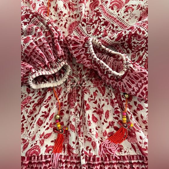 Alicia Bell Floral Beaded Tassel Tie VNeck Ruffle Ari Mini Dress Red Pink EUC - Picture 11 of 16